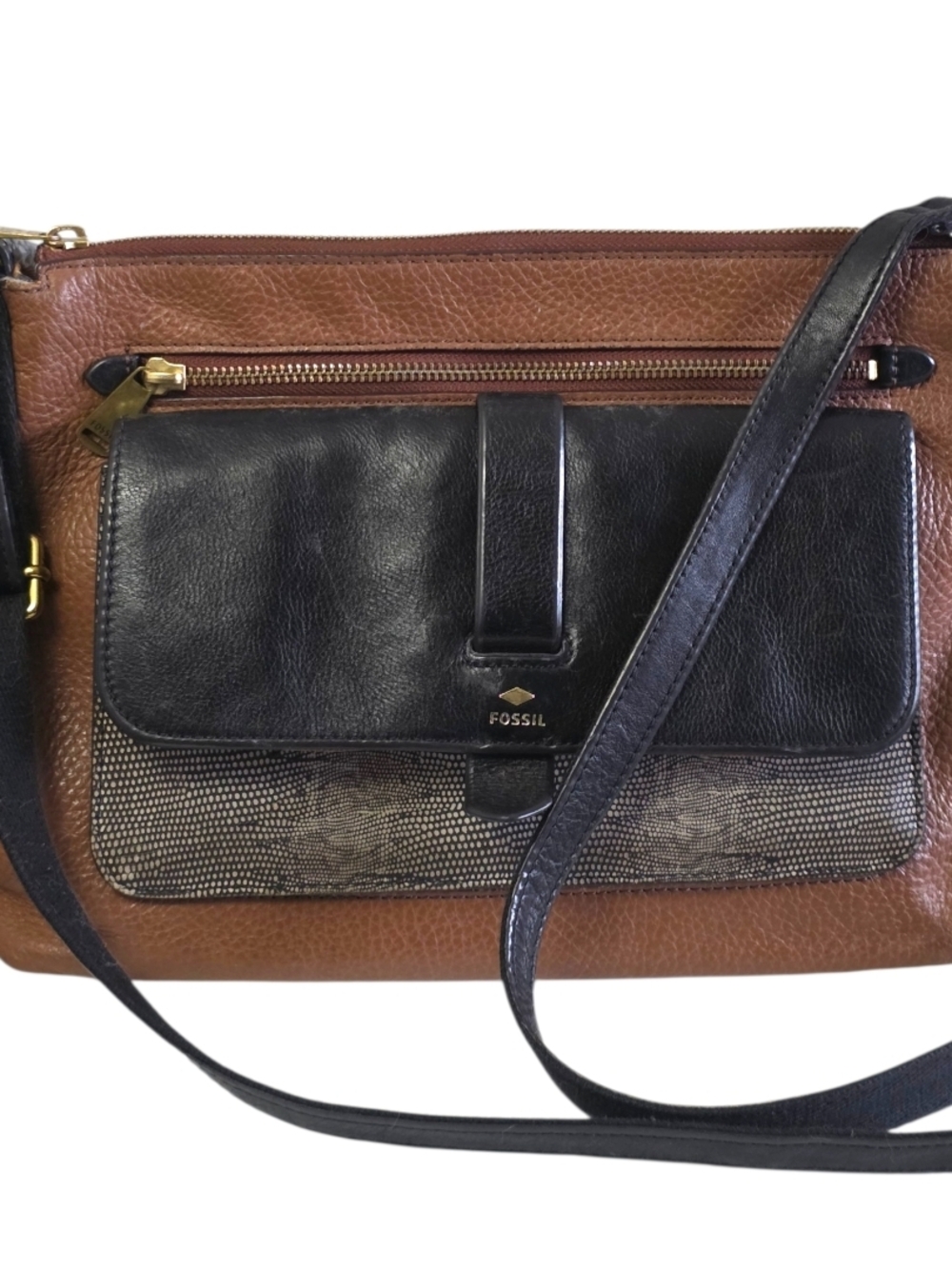 Fossil Kinley Vintage Leather Crossbody Bag Brown Black Organizer Crossbody